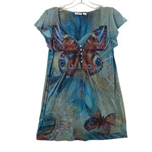 Cato Top Womens Small Blue Butterfly Sequin Blouse Flutter Sleeve Boho Fairy